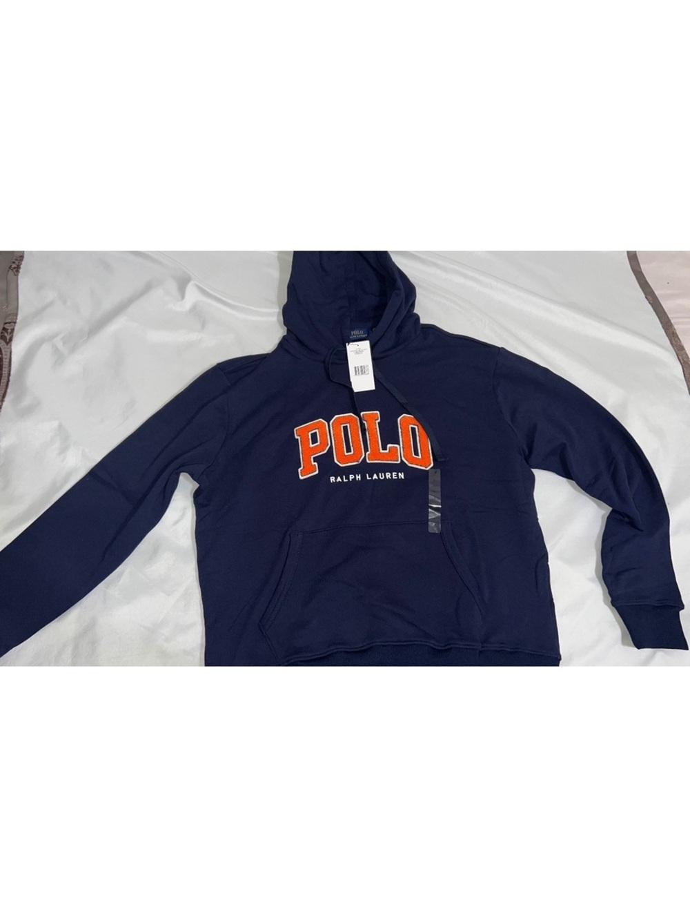 Polo Ralph Lauren Men's Navy Blue Hoodie with Orange Logo, Size Large
